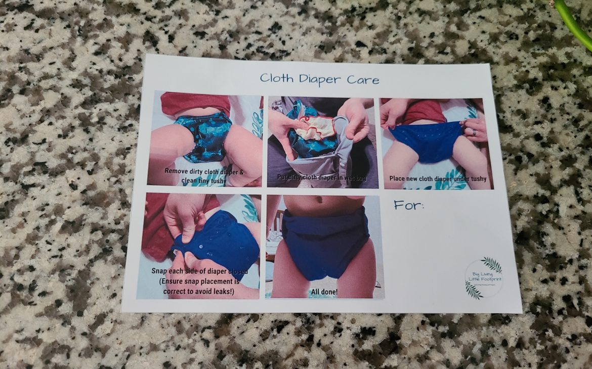 cloth diapering at daycare guide on countertop