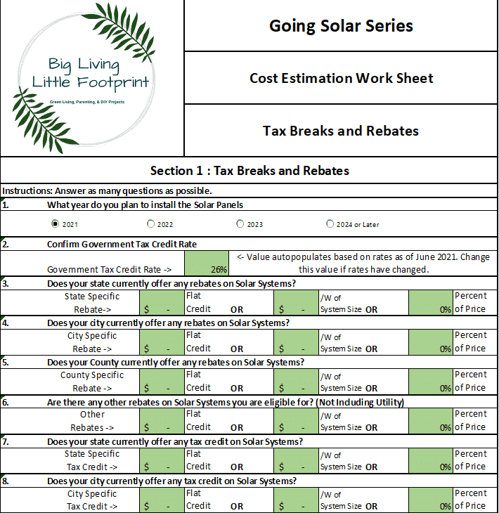 solar panels cost worksheet