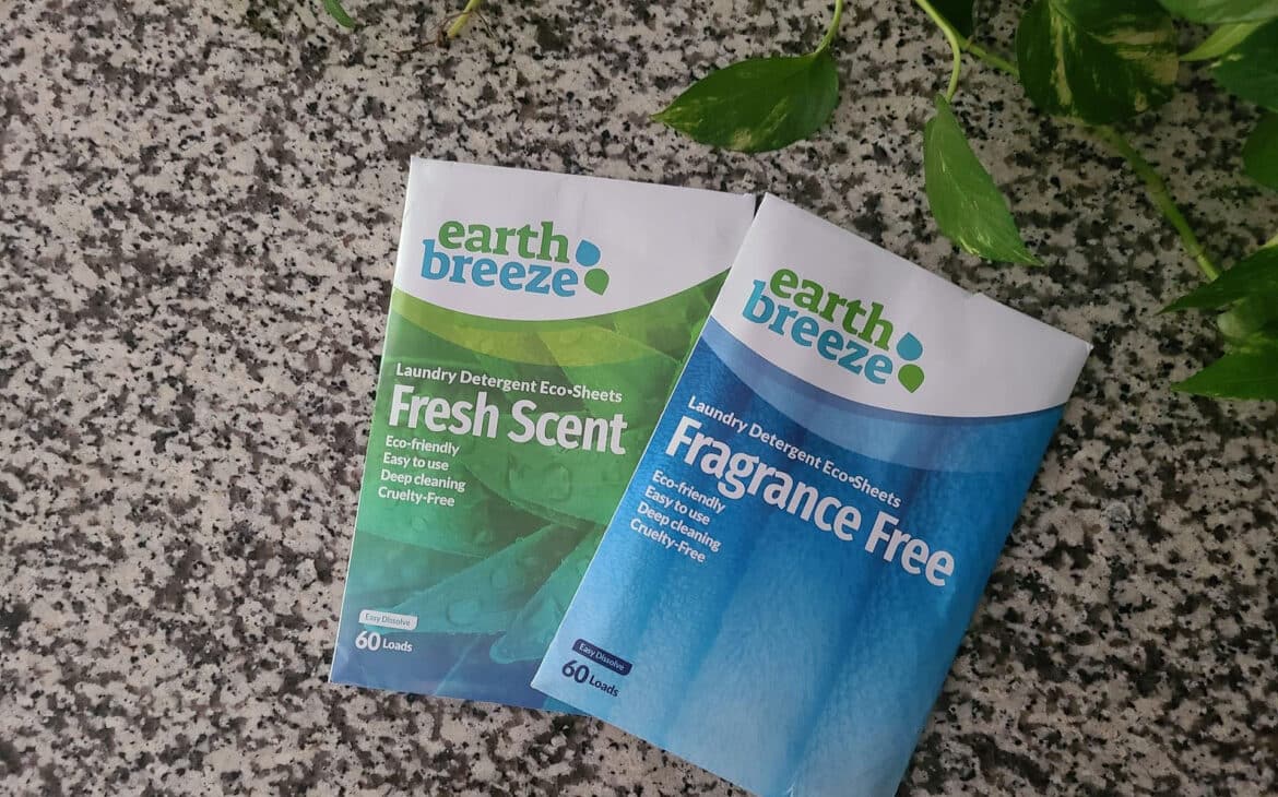 Earth Breeze detergent review - best laundry detergent sheets sitting on a countertop