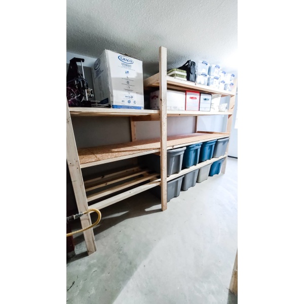 finished custom DIY storage shelves - large assembly