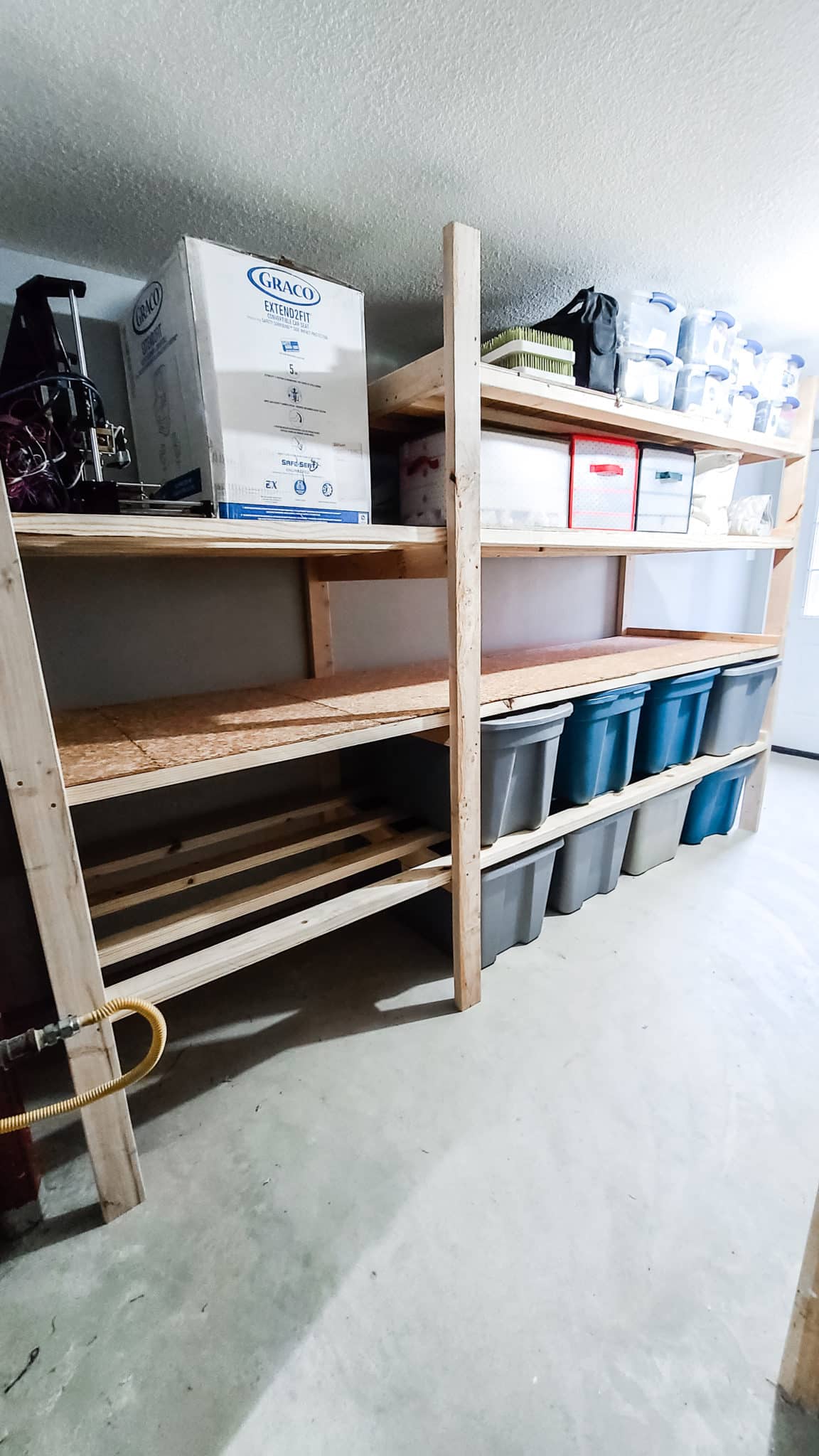 finished custom DIY storage shelves - large assembly