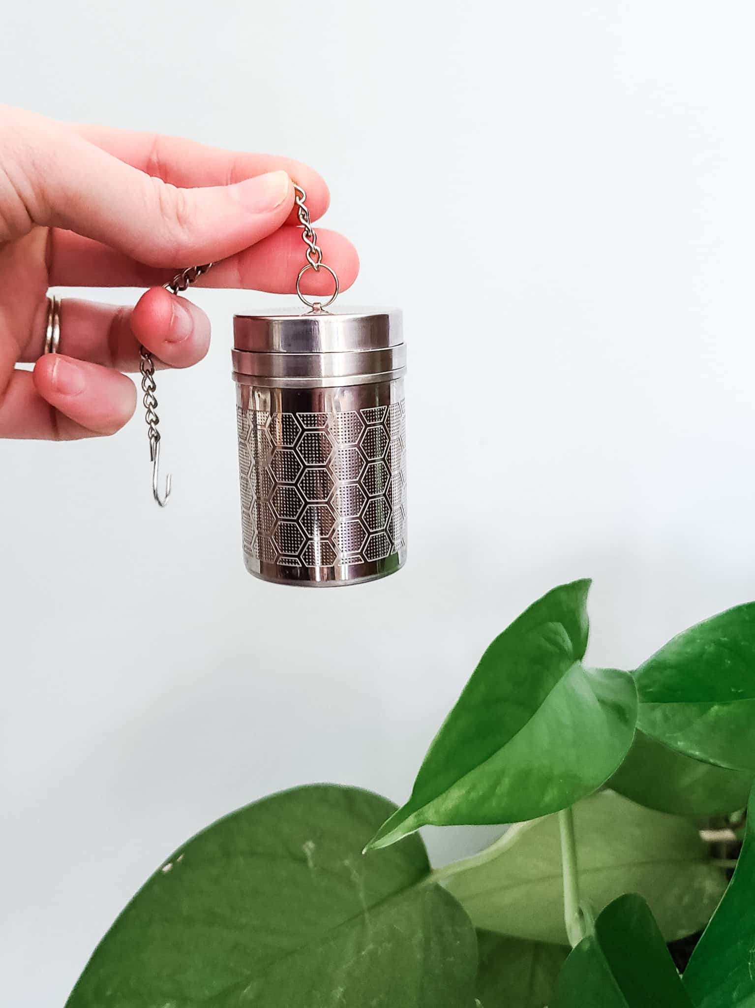 Gift for sustainability lovers - a hand dangling a steel tea infuser