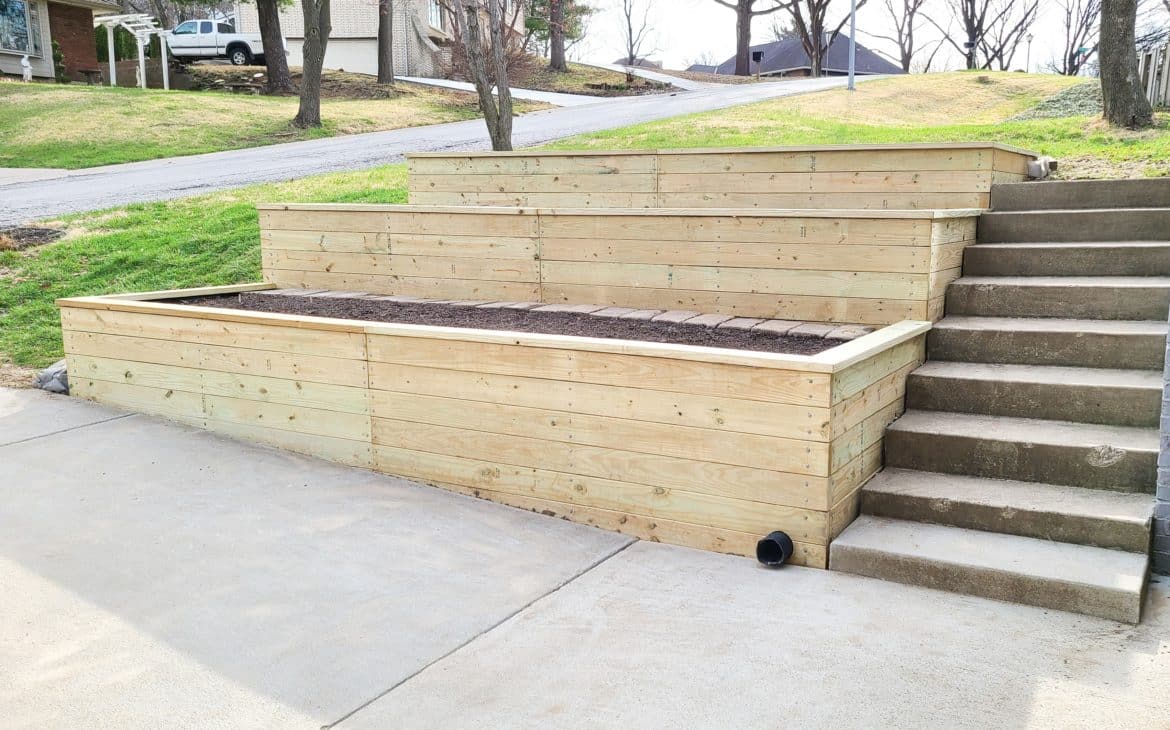 Completed terraced vegetable garden made of wood 