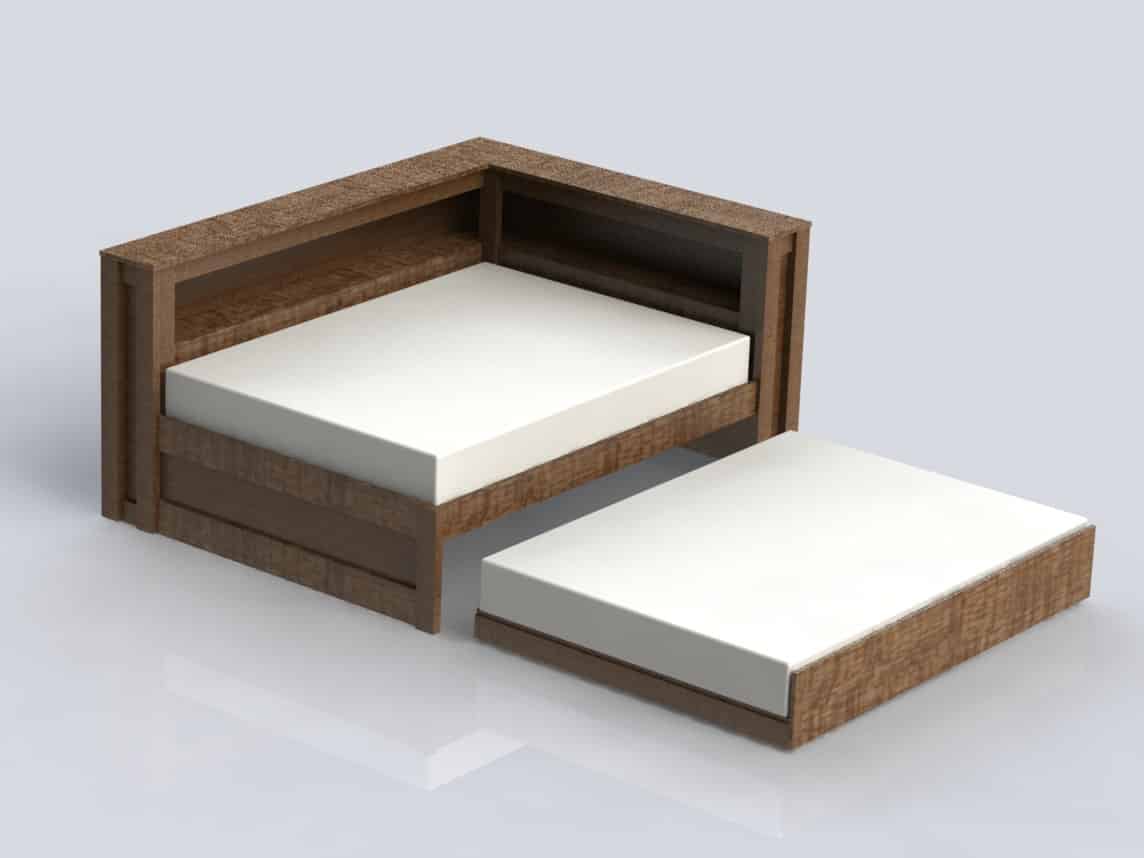 DIY Full Trundle Bed shown fully assembled wit bookcase and mattresses