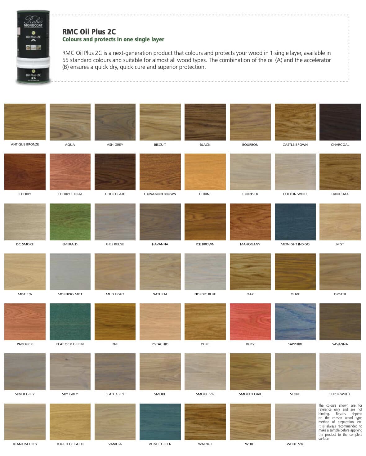 rubio monocoat colors chart showing each oil color available through Rubio Monocoat