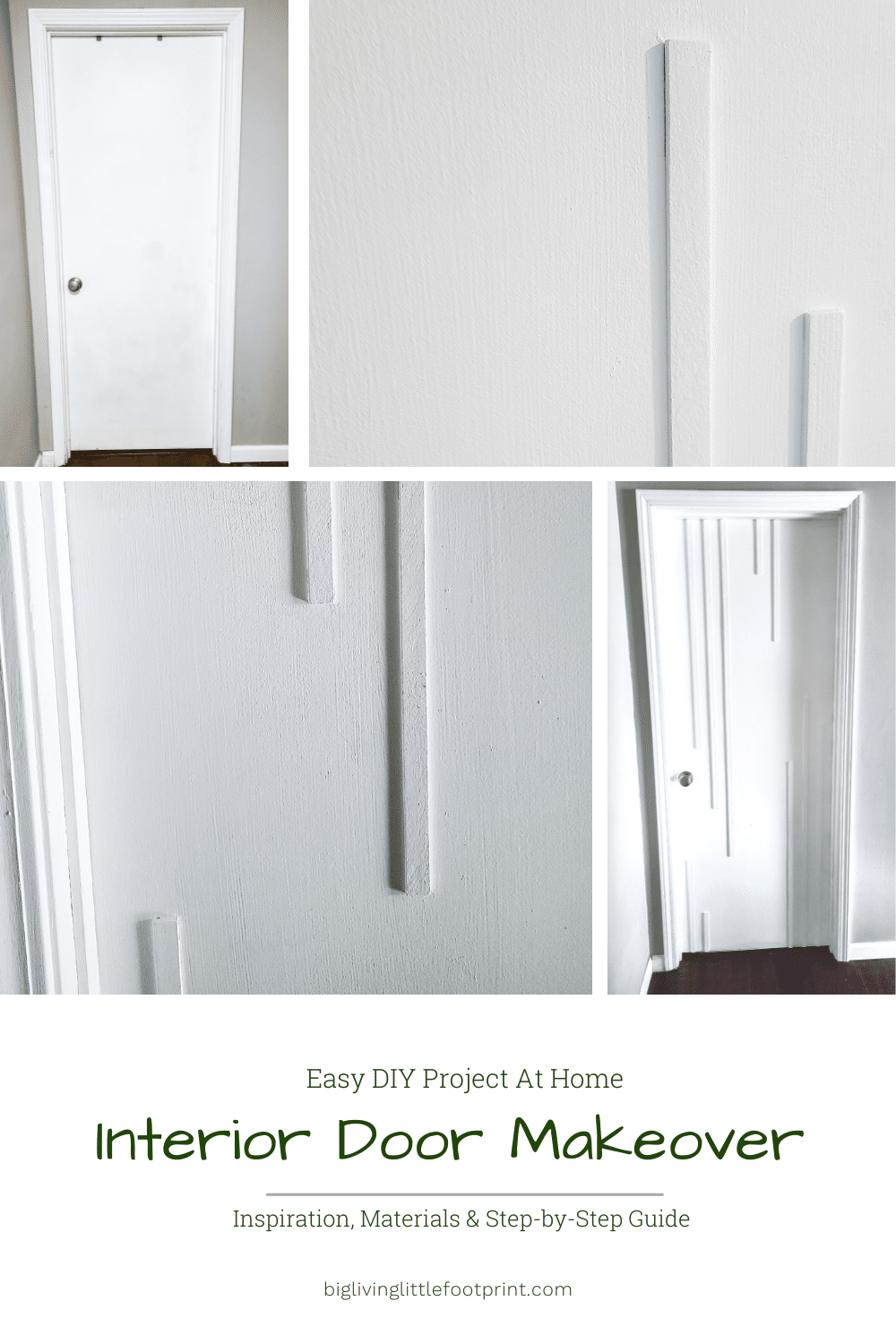 interior door makeover - showing a white door with accent wood pieces attached