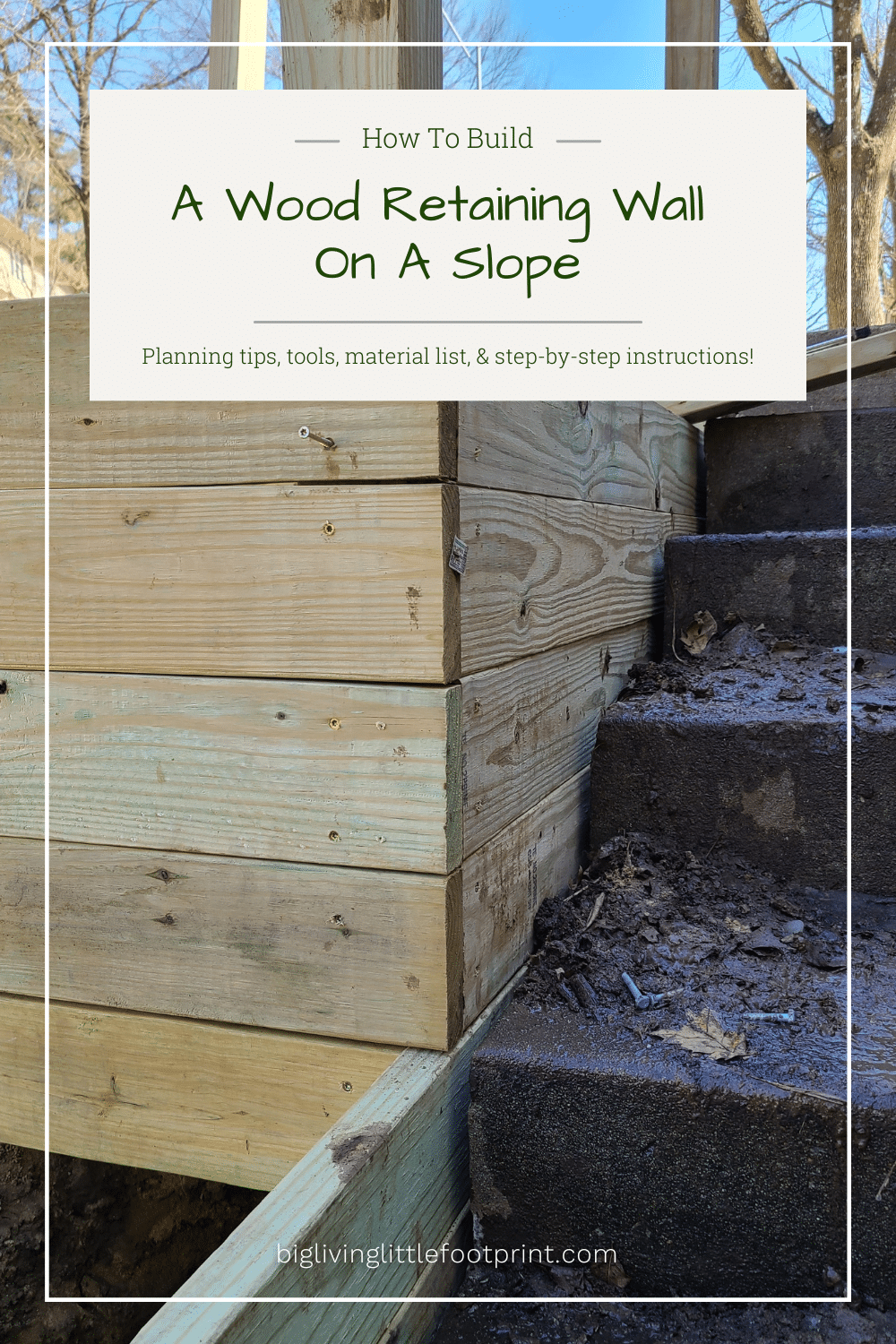 Picture of wood retaining wall on a slope beside some stairs